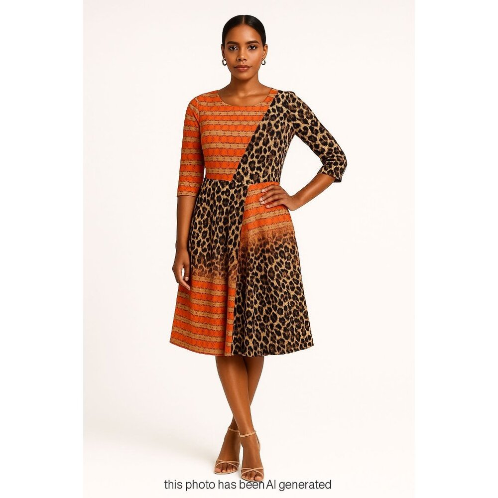 Tracy Reese Orange Tan Dress 3/4 Sleeve Size 10